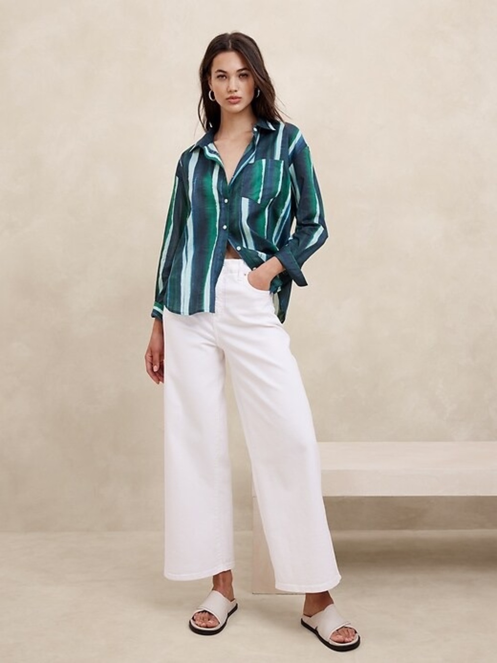 Banana Republic Factory Voile Cotton Striped Button-Down Shirt Green & Teal